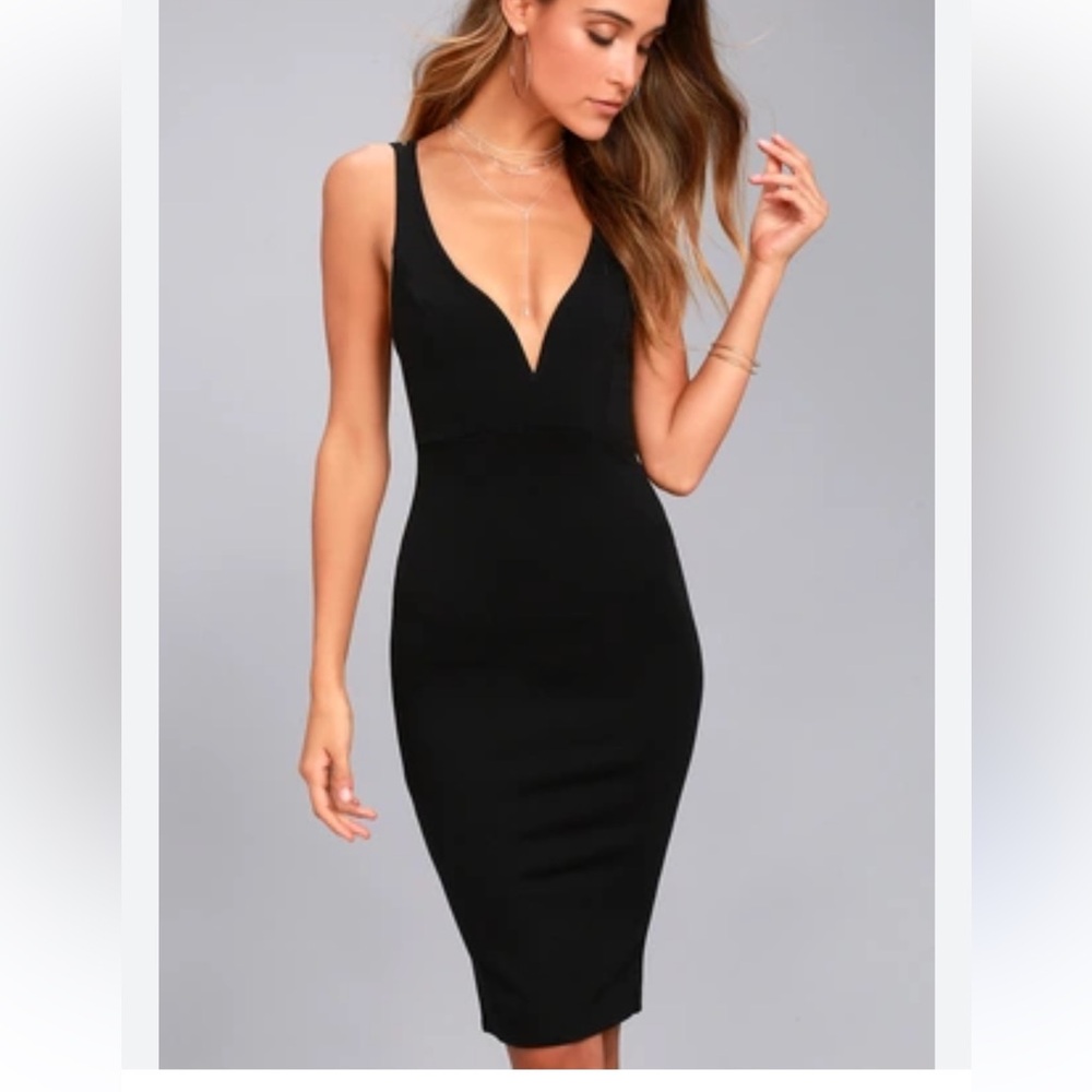 Lulu's Black Plunge Neck Bodycon Midi Dress